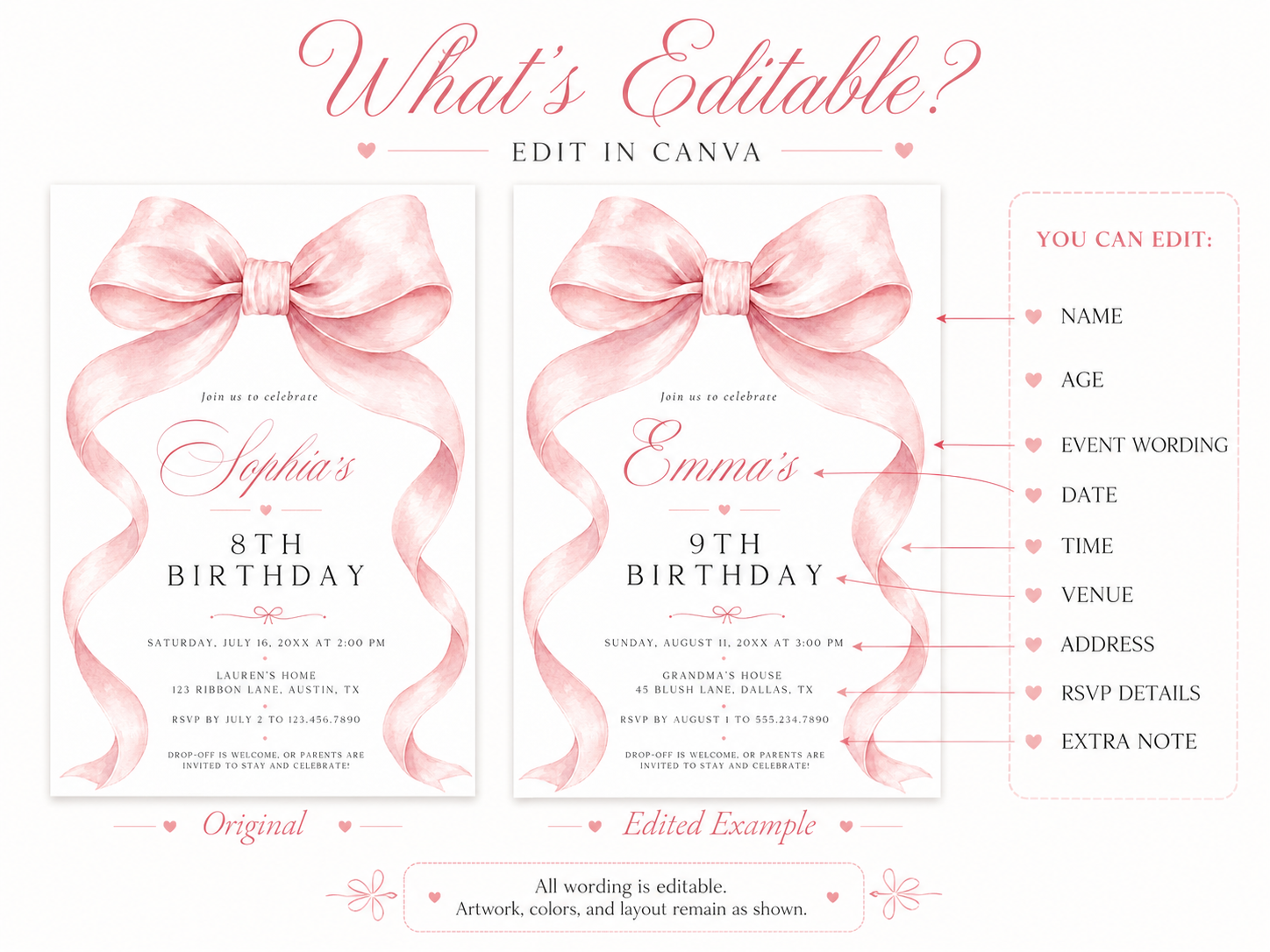 Pink bow birthday invitation for girls featuring a large blush pink ribbon, flowing bow tails and elegant pink and black typography.
