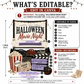 Halloween movie night invitation with vintage drive-in theater, classic cars, popcorn, horror film ticket, clapperboard, ghosts, and black jack-o-lantern