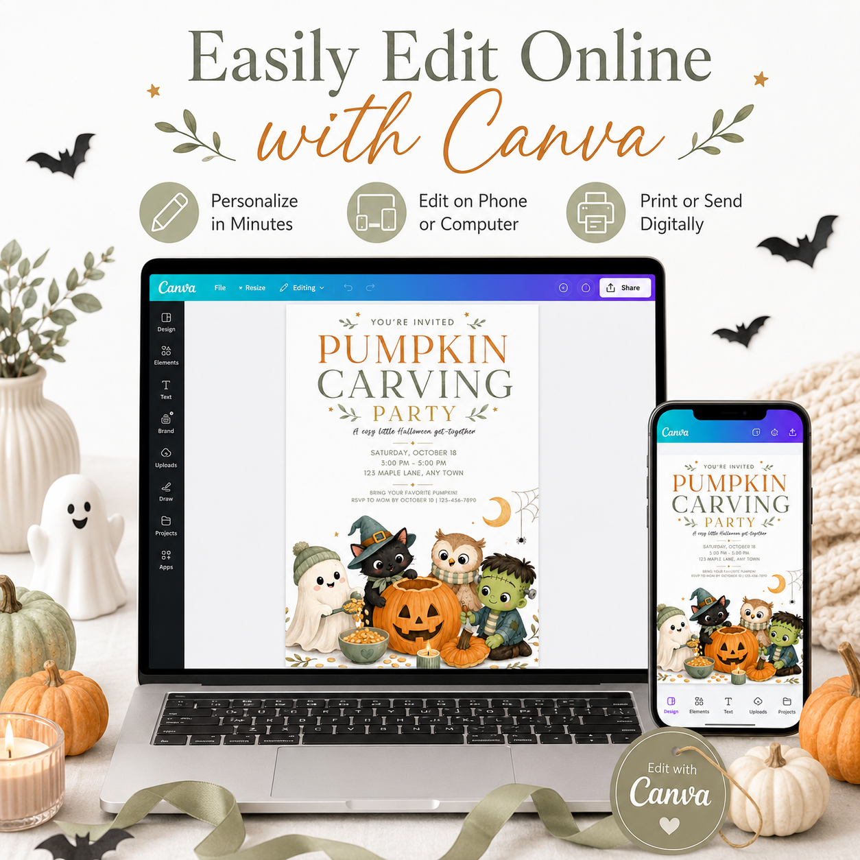 Pumpkin carving party invitation with ghost, black cat, owl, Frankenstein, carved pumpkin, and cute Halloween party details