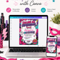 Girls superhero birthday invitation featuring a pink comic book design with cape, mask, city skyline, stars, lightning bolts and bold action graphics.
