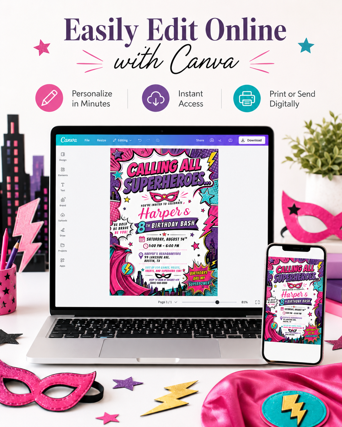 Girls superhero birthday invitation featuring a pink comic book design with cape, mask, city skyline, stars, lightning bolts and bold action graphics.
