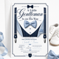 Little gentleman baby shower invitation with navy suspenders, blue bow tie, pinstripe vest, pocket square, buttons, and elegant baby boy shower details
