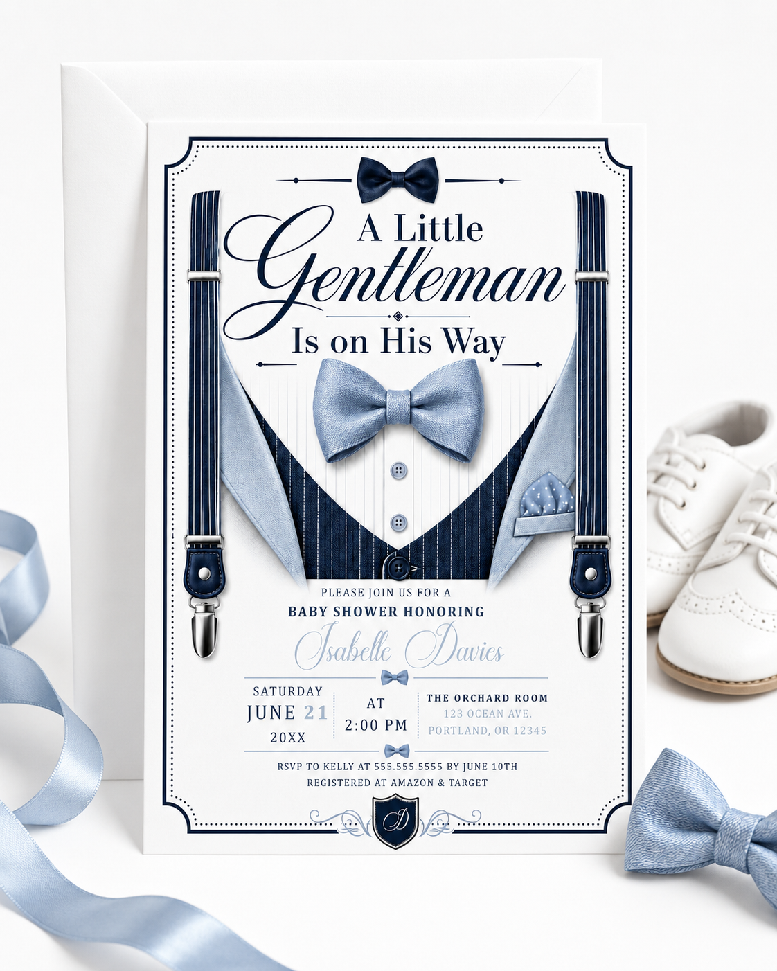 Little gentleman baby shower invitation with navy suspenders, blue bow tie, pinstripe vest, pocket square, buttons, and elegant baby boy shower details