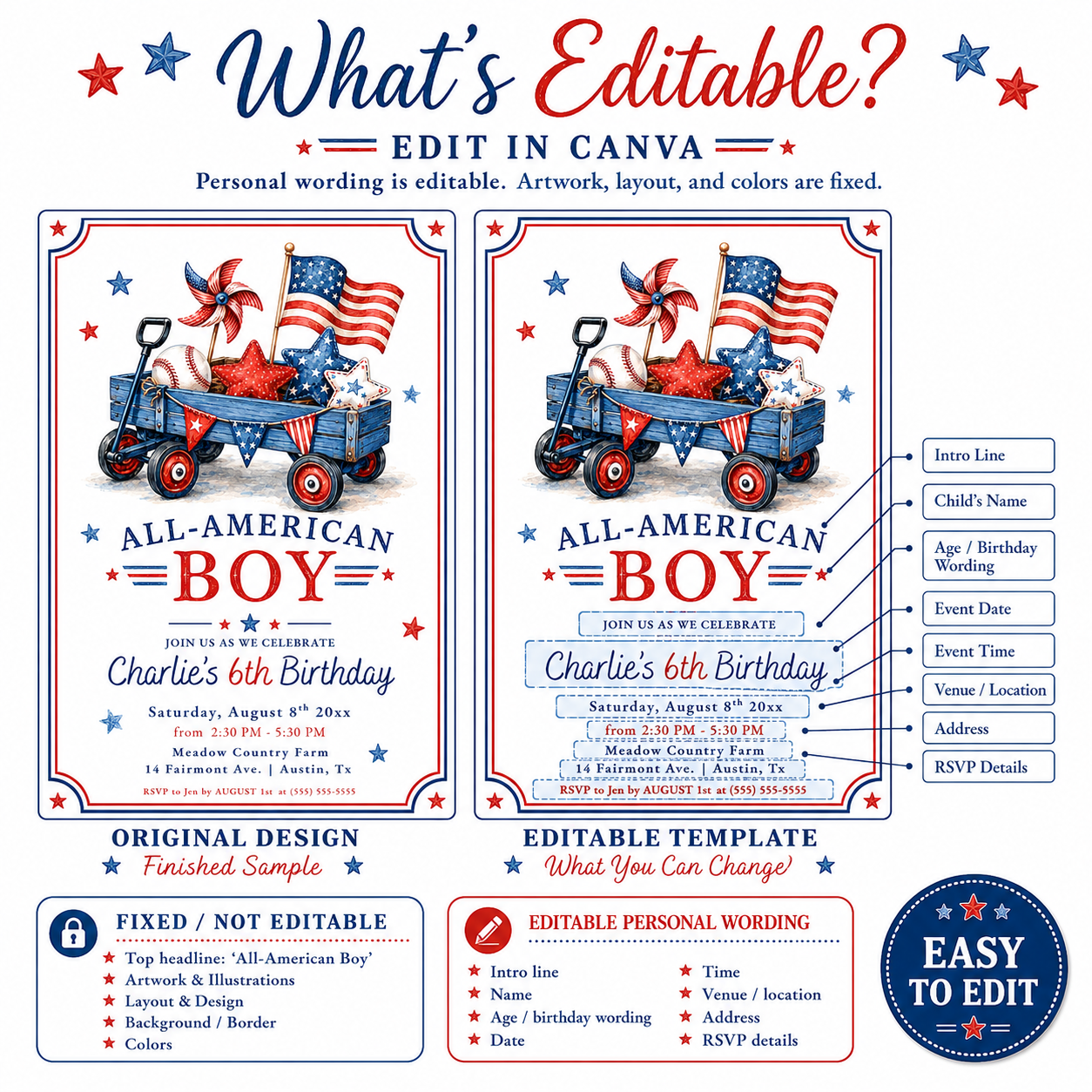 All-American boy birthday invitation featuring a wagon, American flag, baseball and stars in red, white and blue.
