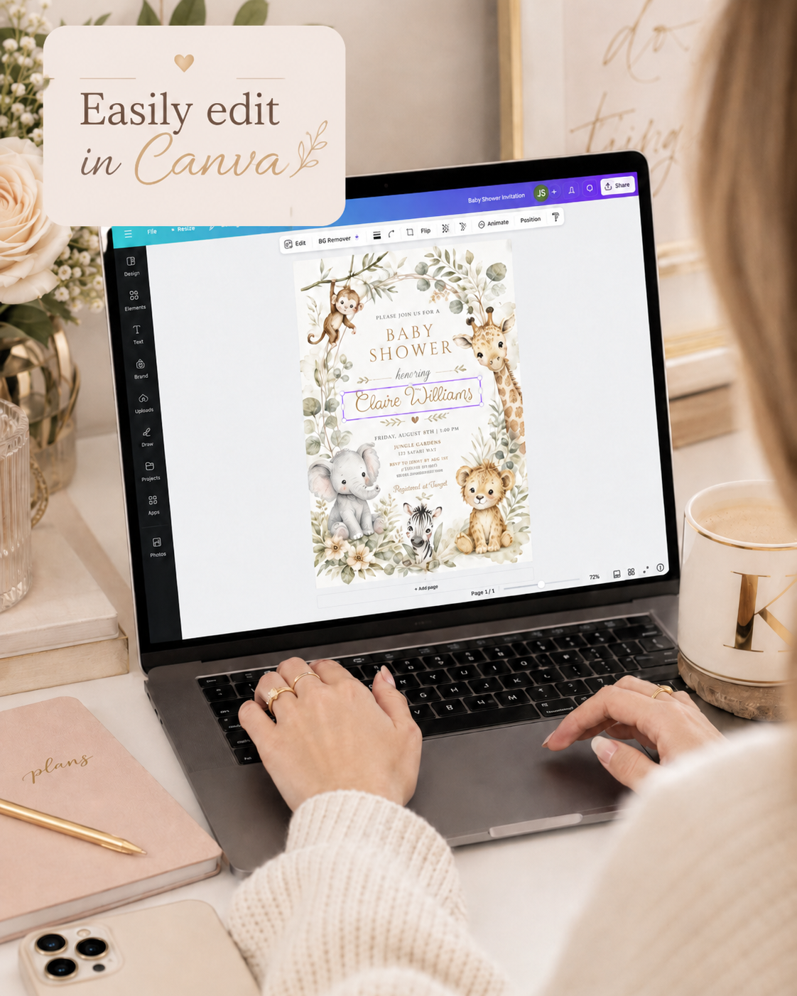 Editable safari baby shower invitation Canva template with watercolour monkey, giraffe, elephant, lion cub, and zebra surrounded by eucalyptus, tropical leaves, and cream wildflowers on a white background