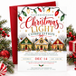 Christmas light competition invitation with three snow-covered homes decorated with glowing lights, wreaths, and garlands beneath red, green, and gold string lights