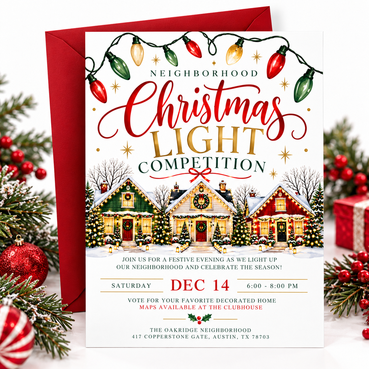 Christmas light competition invitation with three snow-covered homes decorated with glowing lights, wreaths, and garlands beneath red, green, and gold string lights
