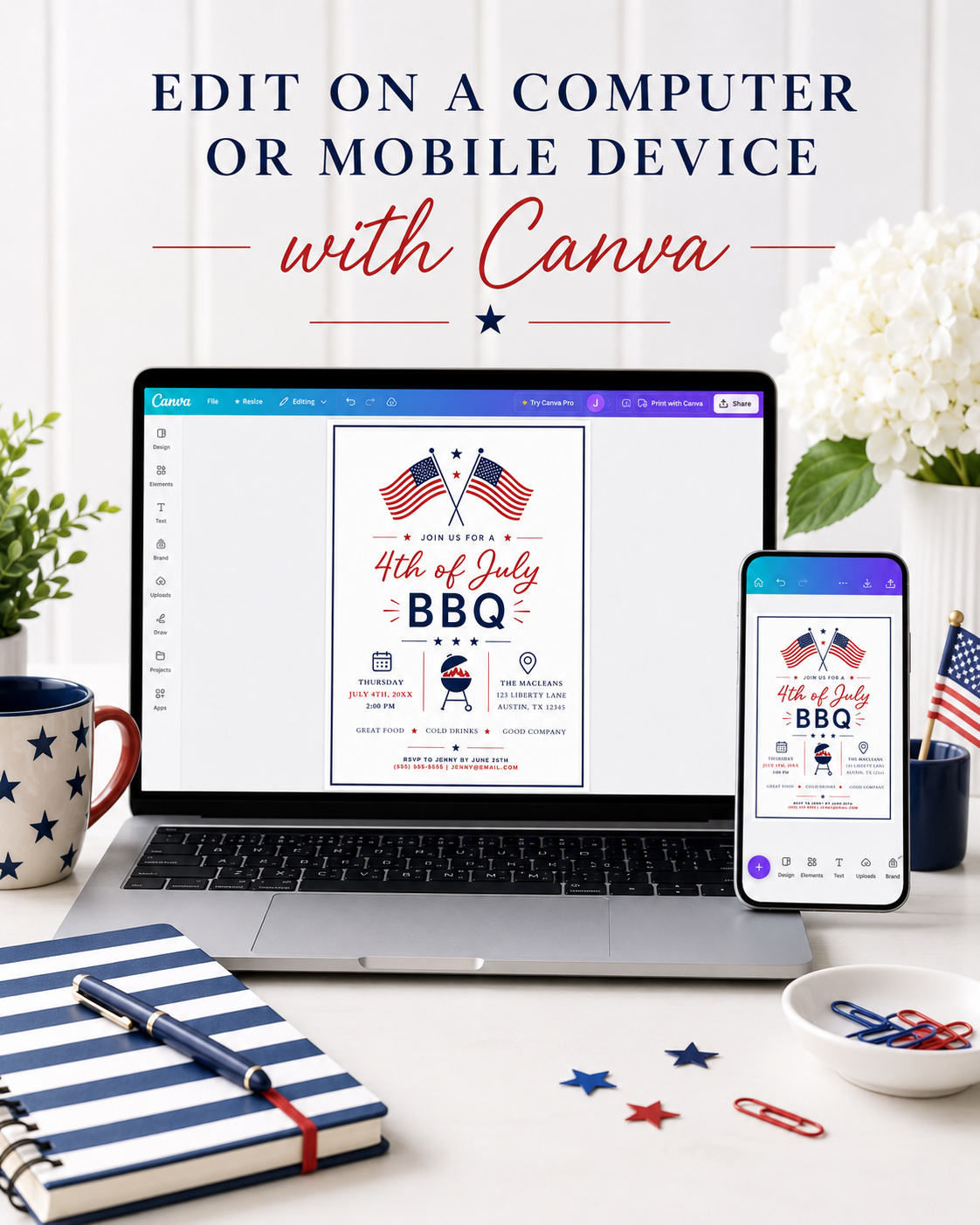 Editable Fourth of July party invitation Canva template with crossed American flags, BBQ grill icon, star accents, and red script and navy bold typography on a white background