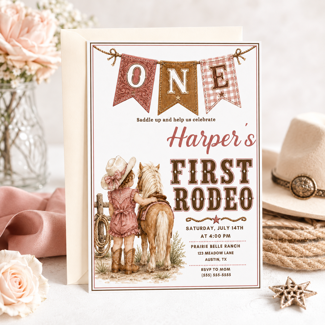 Girls 1st birthday invitation with little cowgirl, pony, cowboy hat, boots, rope details, western banner, blush pink accents, and rustic cowgirl party details