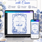 Blue toile baby shower invitation with royal blue floral border, bow, baby carriage, rocking horse, countryside scene, and elegant vintage details