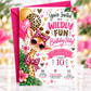 Girls safari birthday invitation with a giraffe wearing pink heart sunglasses, leopard print bows, tropical flowers, and pink and gold balloons