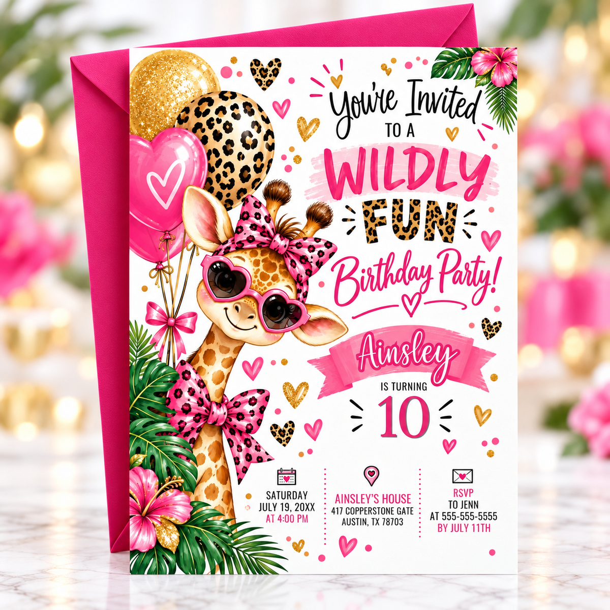Girls safari birthday invitation with a giraffe wearing pink heart sunglasses, leopard print bows, tropical flowers, and pink and gold balloons
