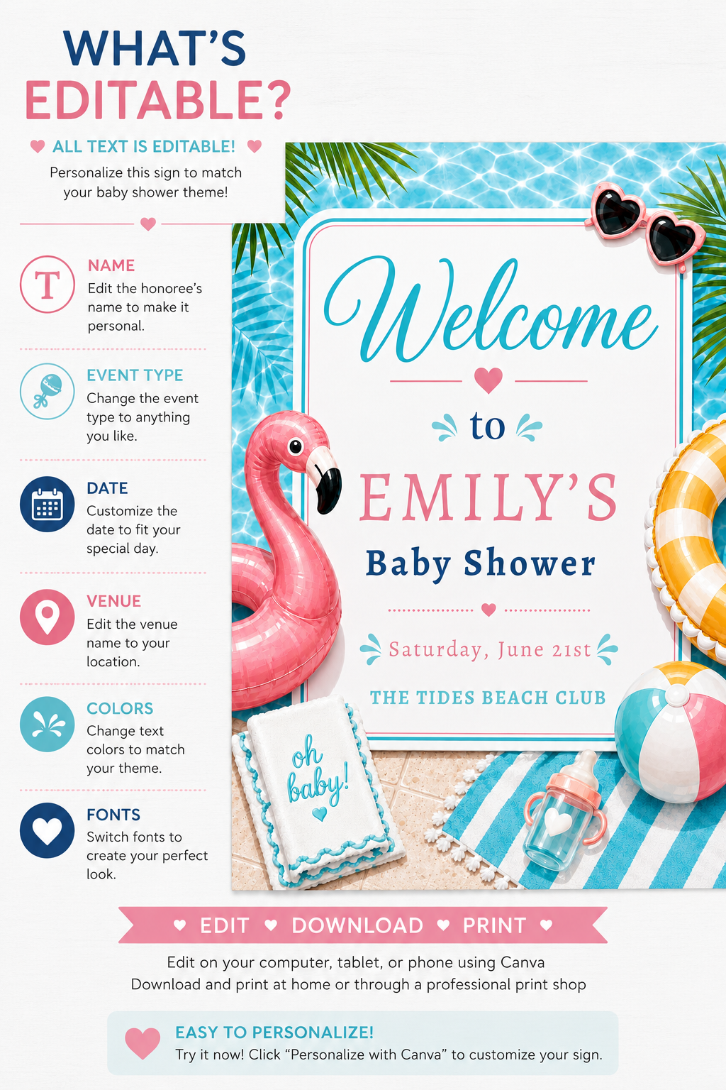 Pool party baby shower welcome sign with a flamingo float, beach ball, and heart sunglasses in pink and aqua
