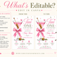Editable martini baby shower invitation Canva template with pink martini glass, satin bow, heart-topped olive garnish, sparkle accents, and playful pink and olive green typography on a white background
