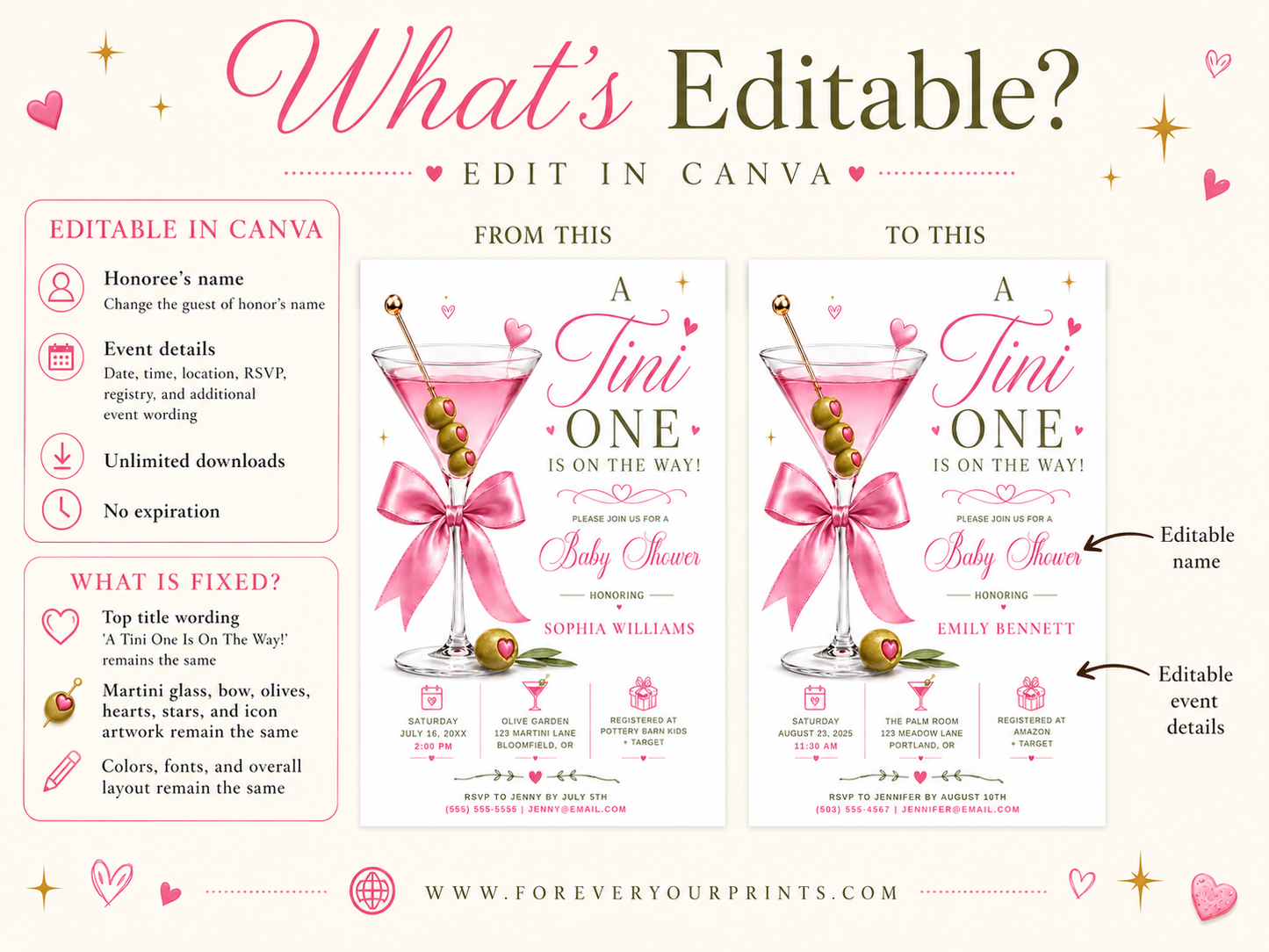 Editable martini baby shower invitation Canva template with pink martini glass, satin bow, heart-topped olive garnish, sparkle accents, and playful pink and olive green typography on a white background