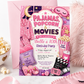 Pajama party movie night birthday invitation featuring pink pajamas, popcorn, slippers, sleep mask, movie ticket, clapperboard and cozy sleepover details.
