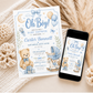 Editable oh boy baby shower invitation Canva template with watercolour teddy bear, baby blocks, vintage pram, rocking horse, balloons, and sleepy moon on a white background with blue border