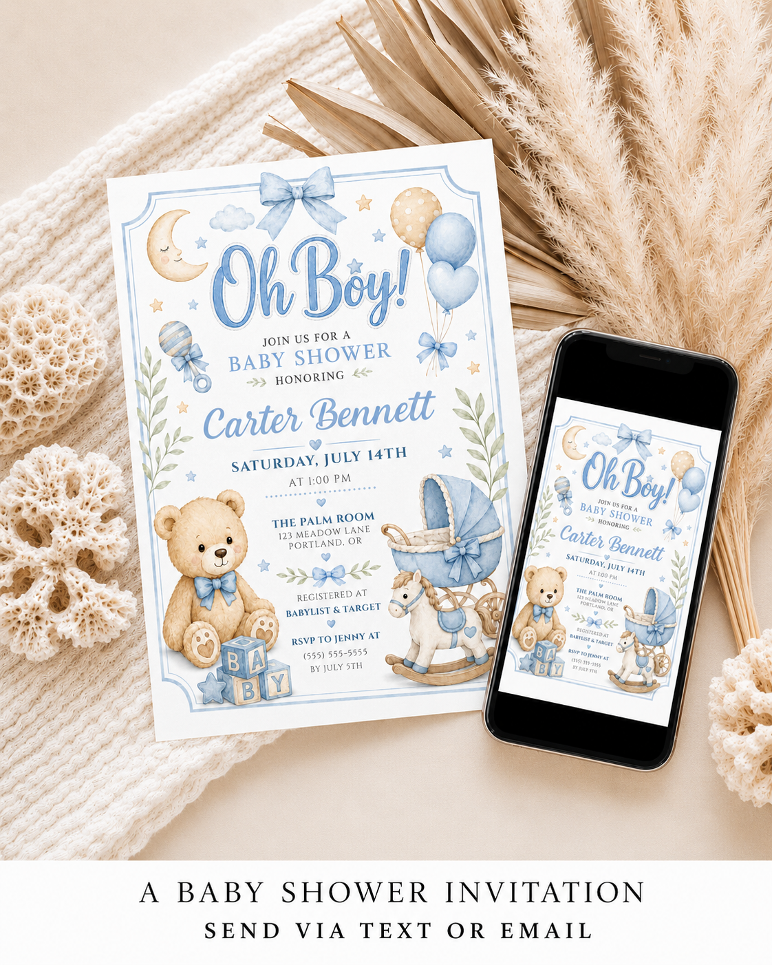Editable oh boy baby shower invitation Canva template with watercolour teddy bear, baby blocks, vintage pram, rocking horse, balloons, and sleepy moon on a white background with blue border