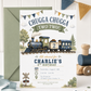 Chugga Chugga Two Two second birthday invitation featuring a navy and sage steam train, railroad crossing sign, trees and bunting.
