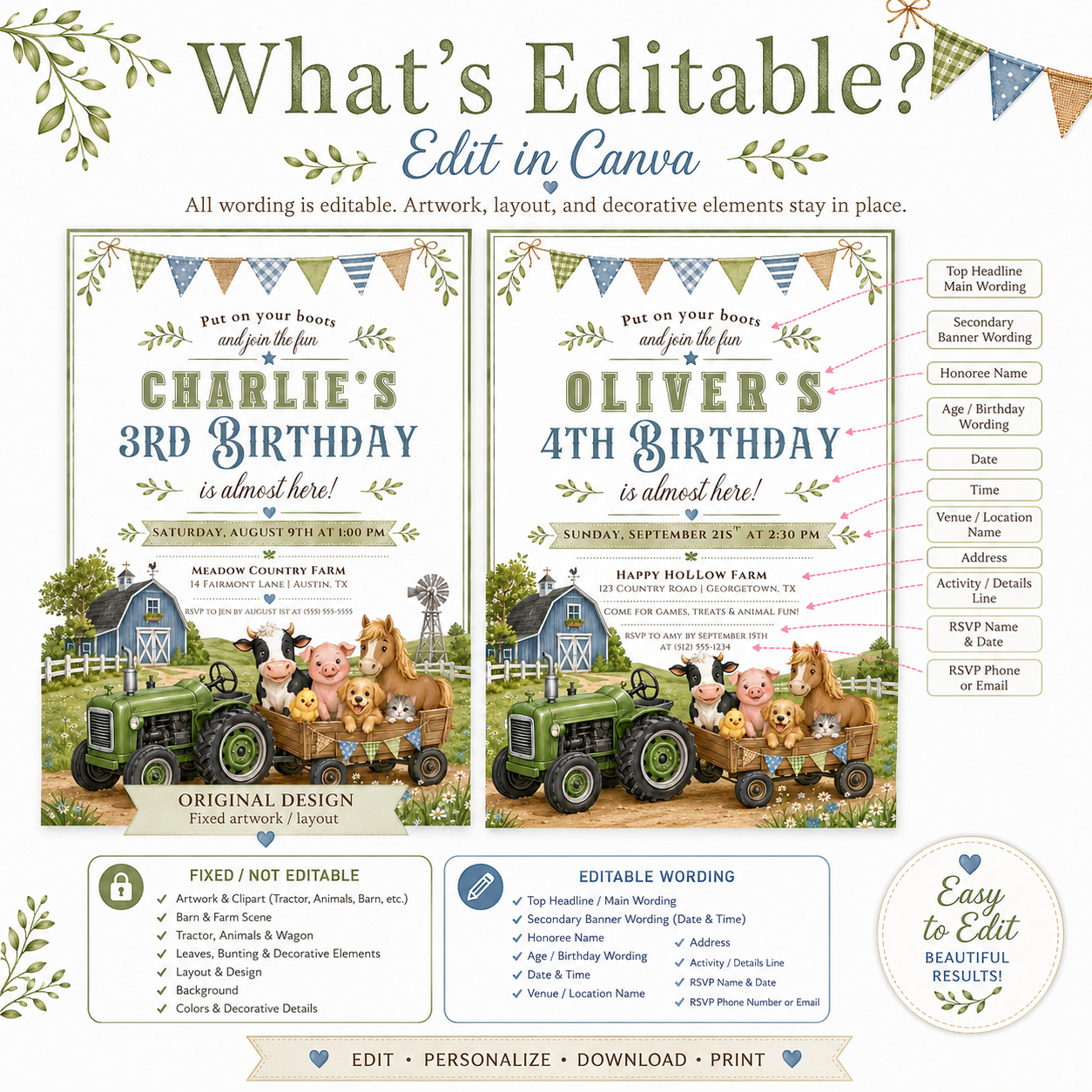 Tractor farm birthday invitation with a green tractor, wagon of farm animals, and blue barn in green and blue