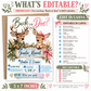 Buck or Doe gender reveal invitation with an antlered deer in a green bandana, a doe wearing a pink bow, rustic wooden sign, greenery, and pink and green ribbons