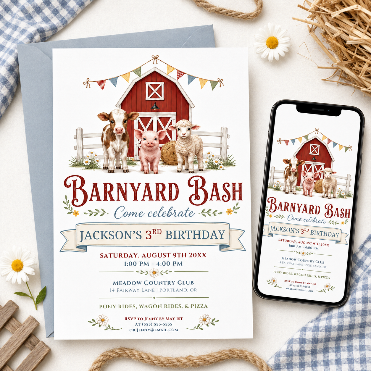 Barnyard bash farm birthday invitation with a red barn, calf, pig, and lamb in red, blue, and green