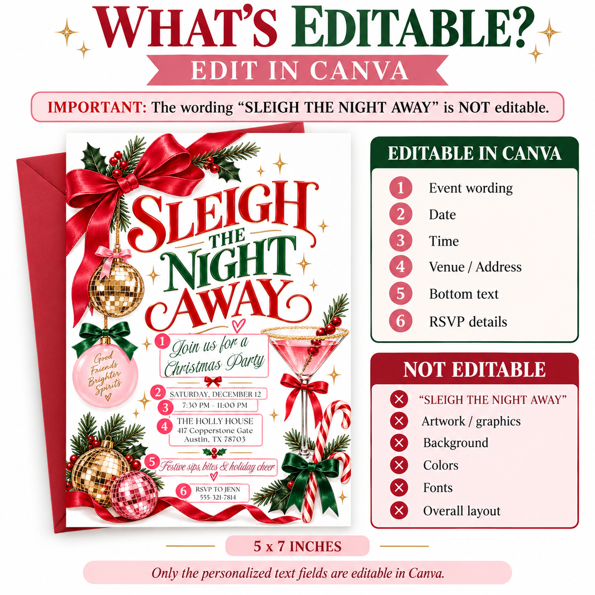 Christmas cocktail party invitation with Sleigh the Night Away lettering, a pink martini, gold and pink disco balls, ribbon bows, and evergreen sprigs