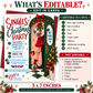 Singles Christmas party invitation with a green doorway, hanging mistletoe and disco ball, a couple’s legs in red heels and black dress shoes, and festive red bows