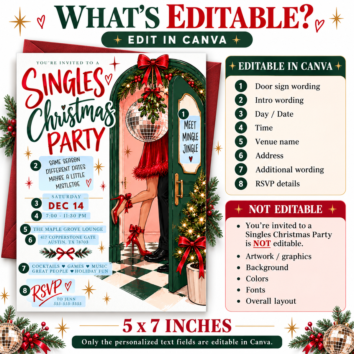 Singles Christmas party invitation with a green doorway, hanging mistletoe and disco ball, a couple’s legs in red heels and black dress shoes, and festive red bows
