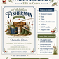 Little fisherman baby shower invitation with fishing gear, a creel basket, and green boots in navy and green