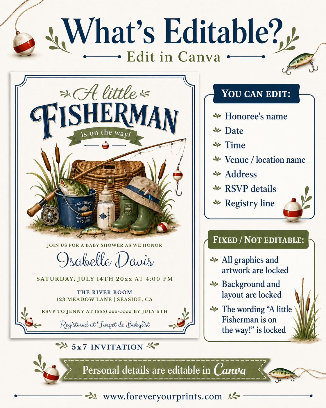Little fisherman baby shower invitation with fishing gear, a creel basket, and green boots in navy and green