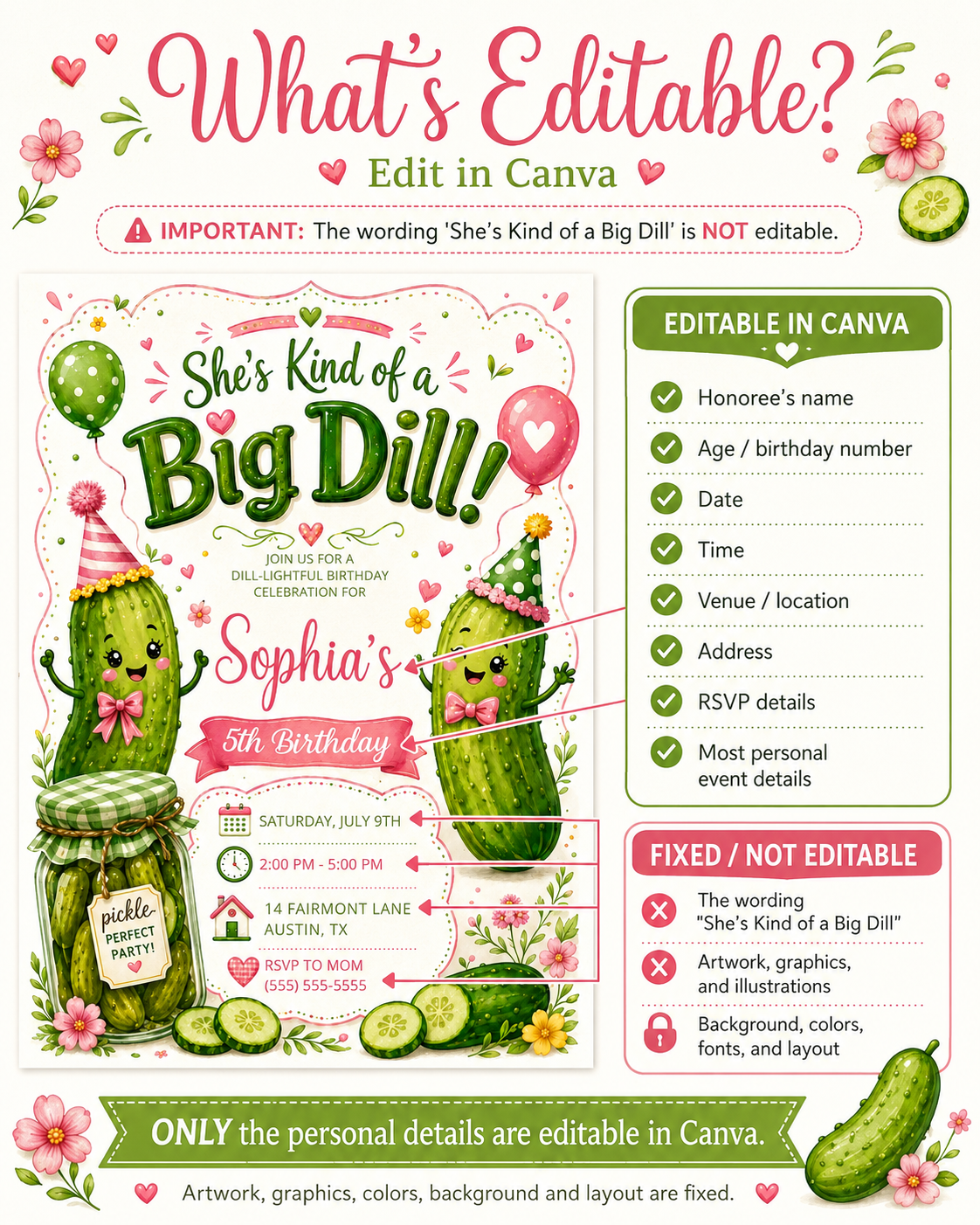 Big dill birthday invitation with cute pickle characters, party hats, balloons, pink bows, pickle jar, flowers, greenery, and green pink party details