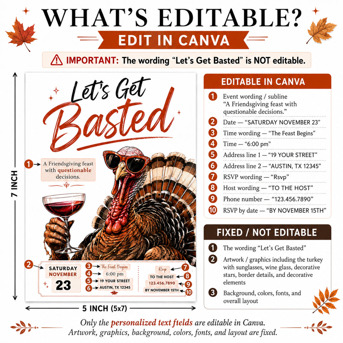 Friendsgiving invitation with Let’s Get Basted headline and illustrated turkey wearing sunglasses and holding a glass of red wine