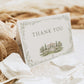 Garden estate wedding folded thank you card template with watercolor estate illustration and delicate sage botanical vine border, editable in Canva