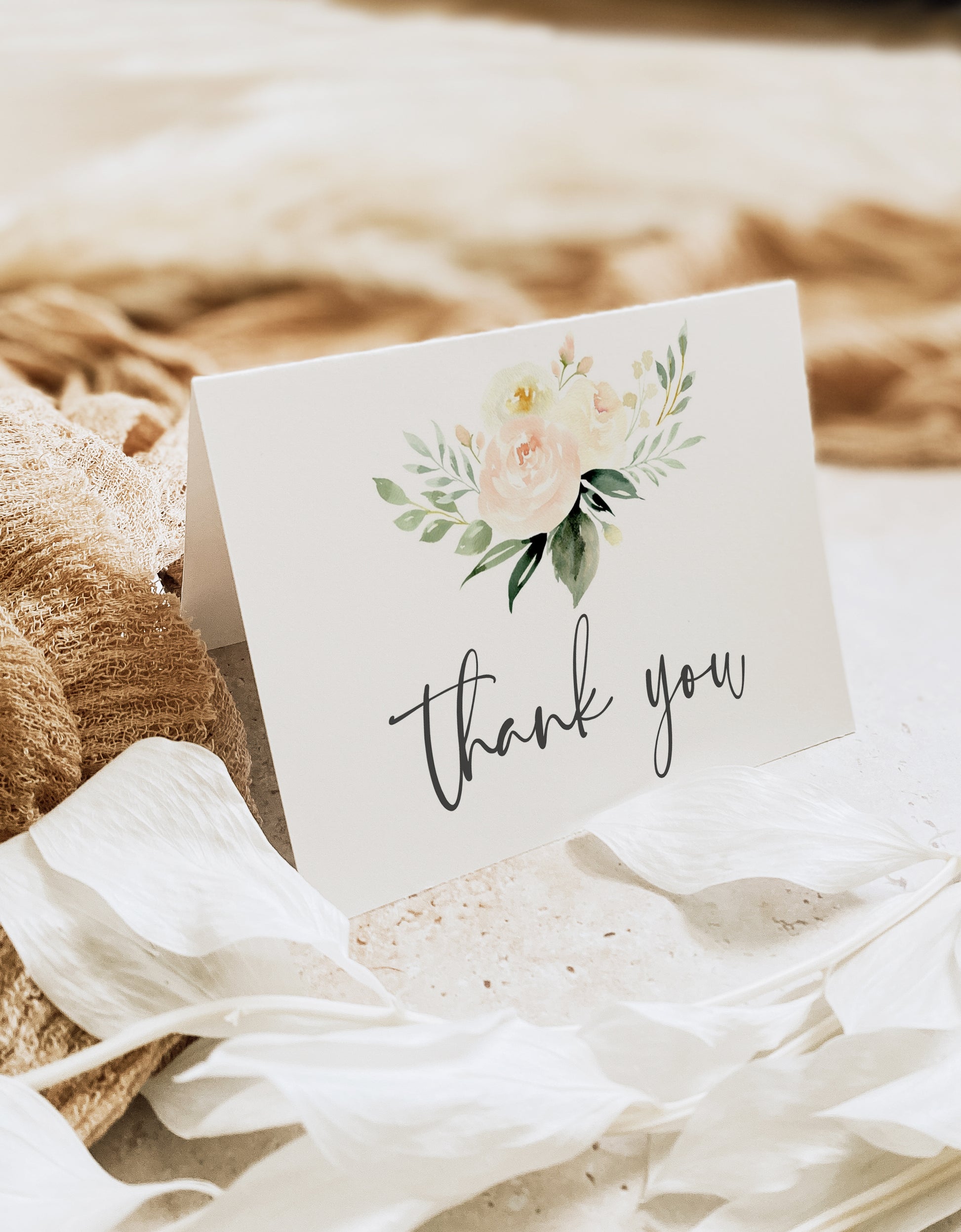 Blush floral folded thank you card template with watercolor roses and peonies in blush pink and cream with sage greenery, editable in Canva
