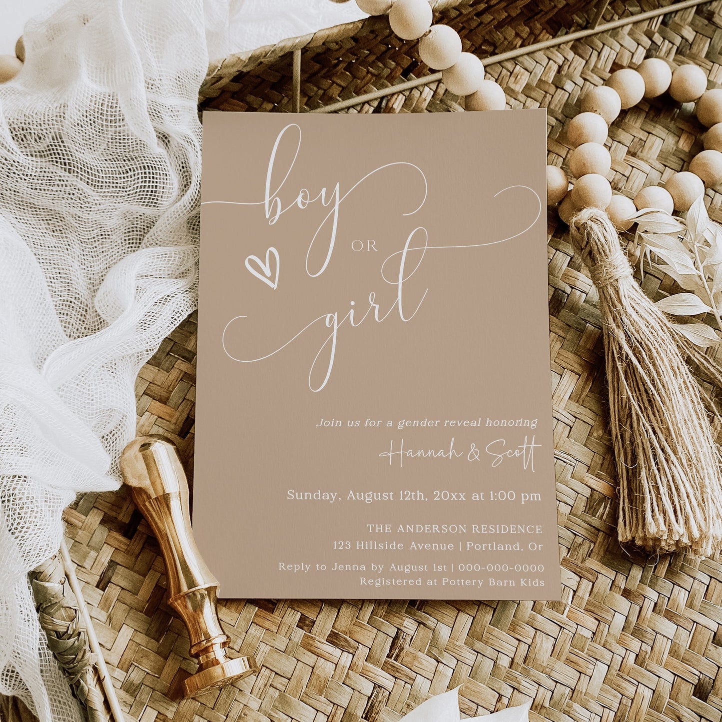 Gender reveal invitation with beige background and white script, editable online with Corjl | www.foreveryourprints.com