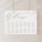 Minimalist gray horizontal wedding seating chart template with oversized calligraphy welcome script and 14 table layout, editable in Canva
