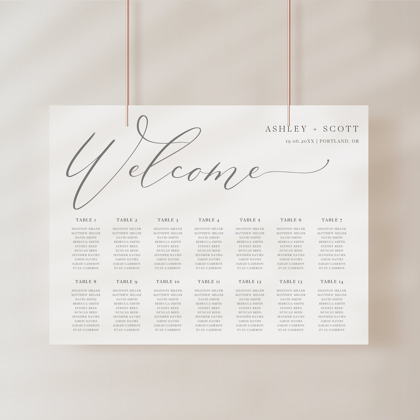 Minimalist gray horizontal wedding seating chart template with oversized calligraphy welcome script and 14 table layout, editable in Canva