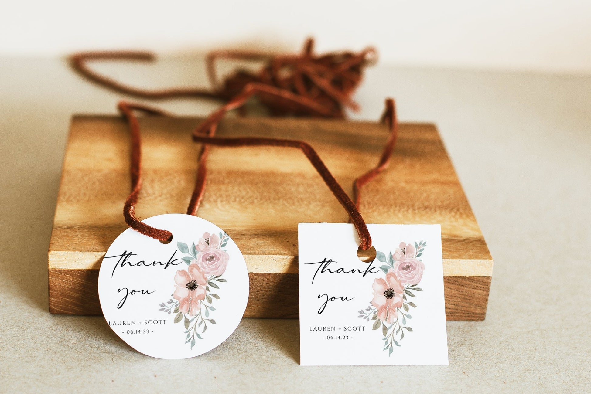 Dusty rose floral thank you gift tag template with watercolor anemones and roses in peach and mauve with sage greenery, editable in Canva