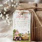 Barnyard birthday thank-you favor tag featuring a pink tractor, pink barn, cow, pig, pony, chick, puppy, kitten and pastel bunting.
