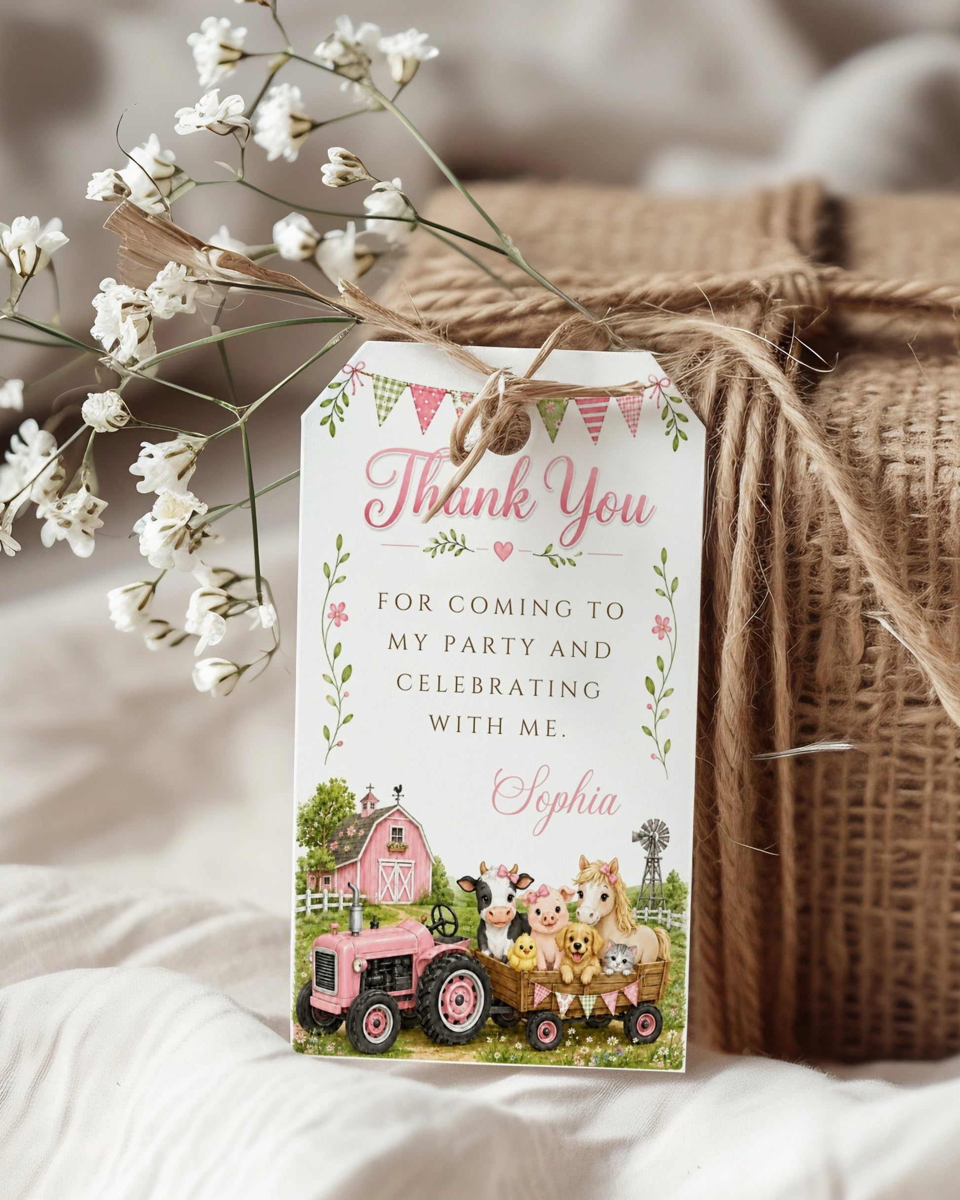 Barnyard birthday thank-you favor tag featuring a pink tractor, pink barn, cow, pig, pony, chick, puppy, kitten and pastel bunting.
