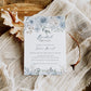 Dusty blue and cream floral bridal brunch invitation template with watercolor roses and botanicals in muted blue and sage, editable in Canva