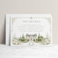 Elegant European style wedding details enclosure card template with watercolor stone building, white roses, cypress trees and sage green ornate border, editable in Canva