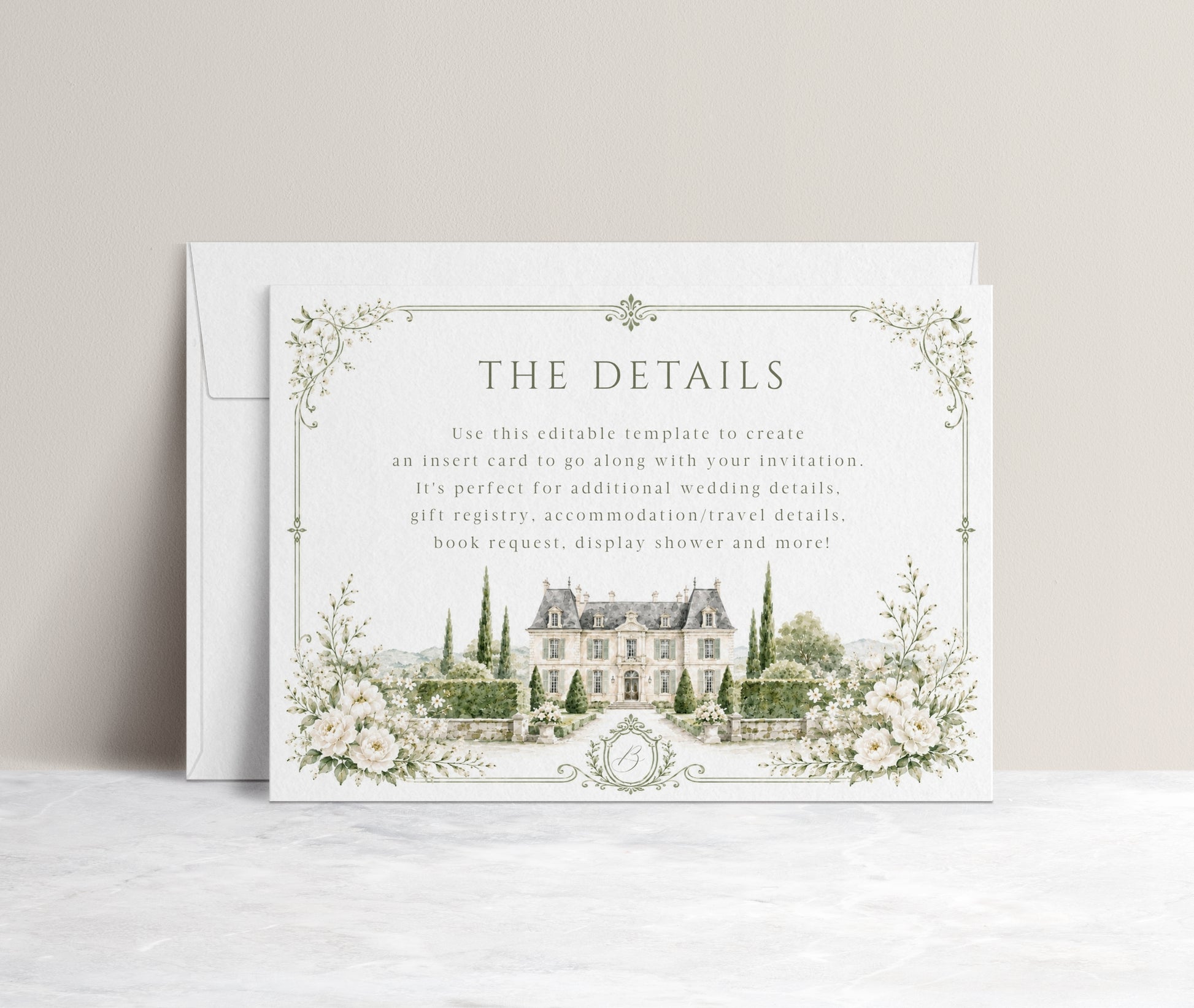 Elegant European style wedding details enclosure card template with watercolor stone building, white roses, cypress trees and sage green ornate border, editable in Canva
