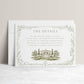 Garden estate wedding details enclosure card template with watercolor estate illustration and delicate sage botanical vine border, editable in Canva