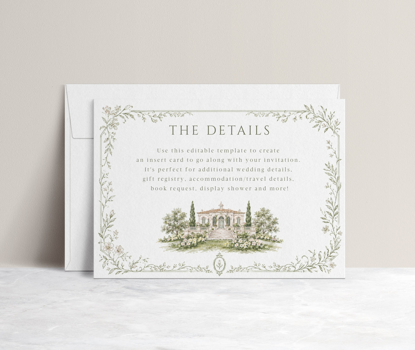 Garden estate wedding details enclosure card template with watercolor estate illustration and delicate sage botanical vine border, editable in Canva