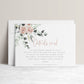 Blush floral and greenery wedding details enclosure card template with watercolor roses and eucalyptus botanicals and rose gold script, editable in Canva