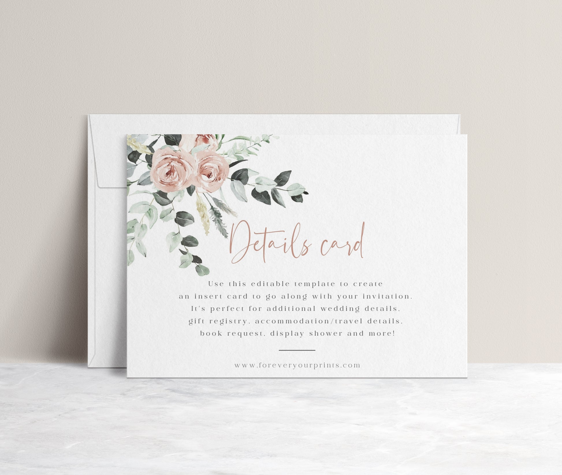 Blush floral and greenery wedding details enclosure card template with watercolor roses and eucalyptus botanicals and rose gold script, editable in Canva