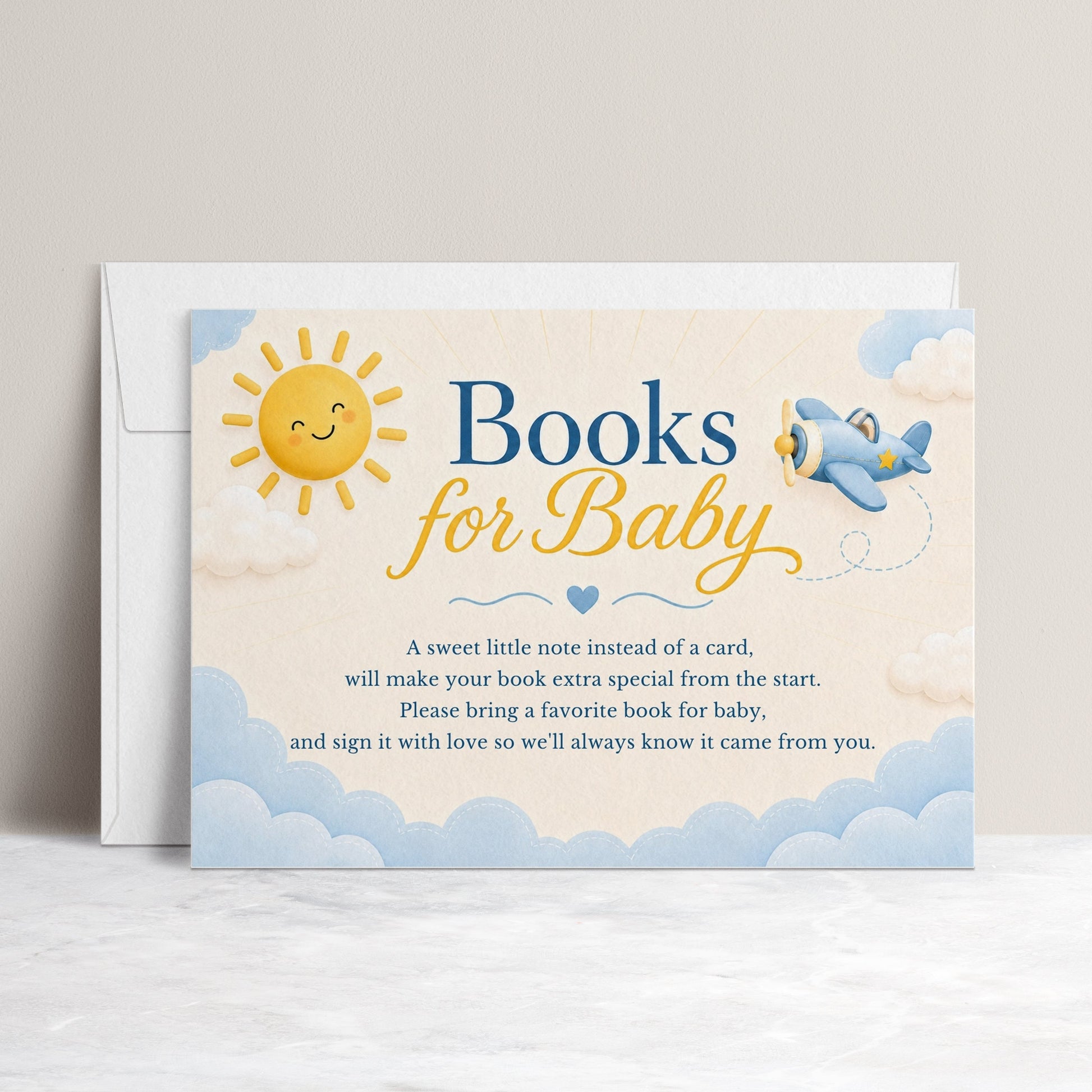 Editable here comes the son books for baby card Canva template with smiling sun, blue toy airplane, fluffy clouds, and navy and golden script typography on a warm cream background, landscape orientation