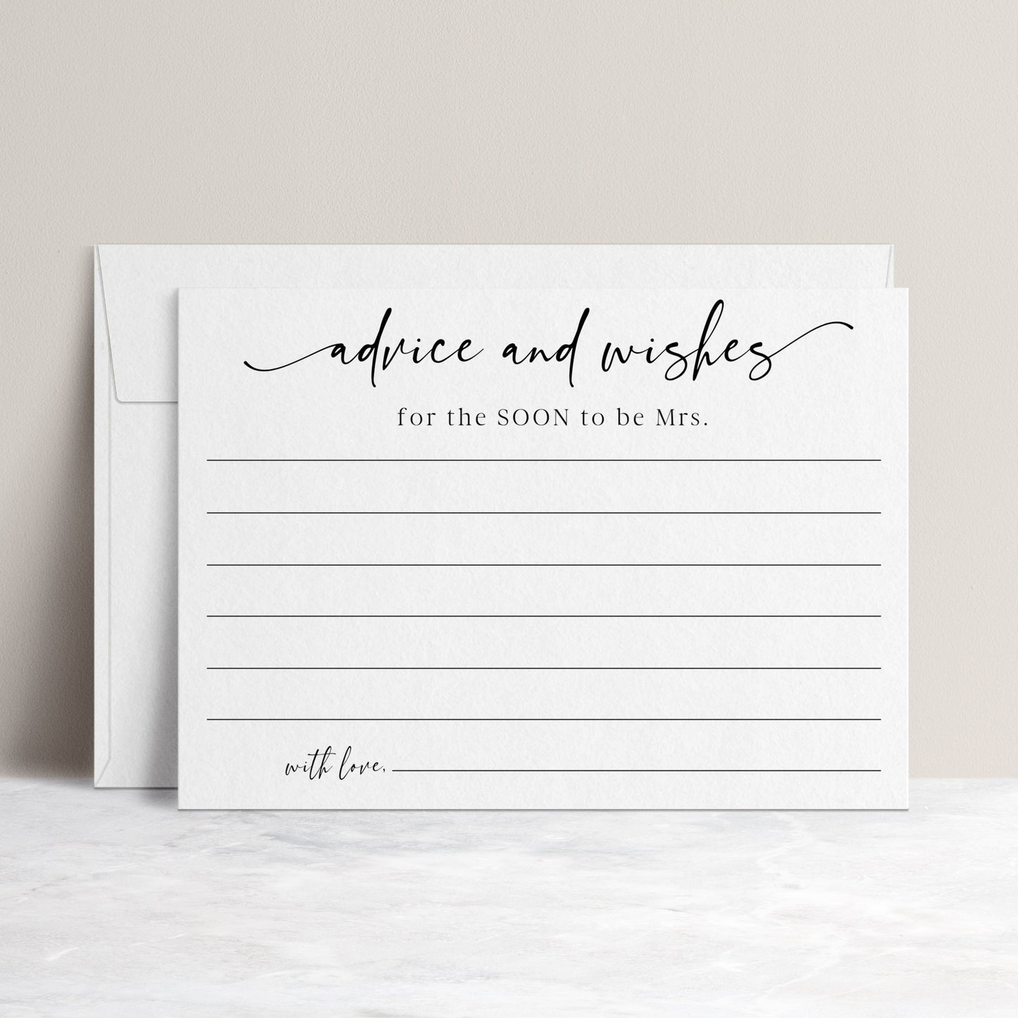 Minimalist black and white advice and wishes bridal shower card template with calligraphy script and writing lines, editable in Canva